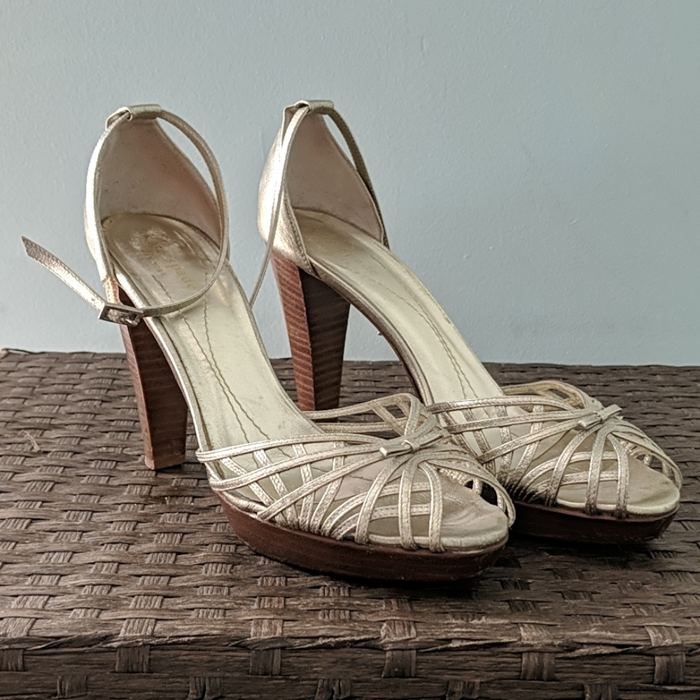 Kate Spade gold stacked heel sandals